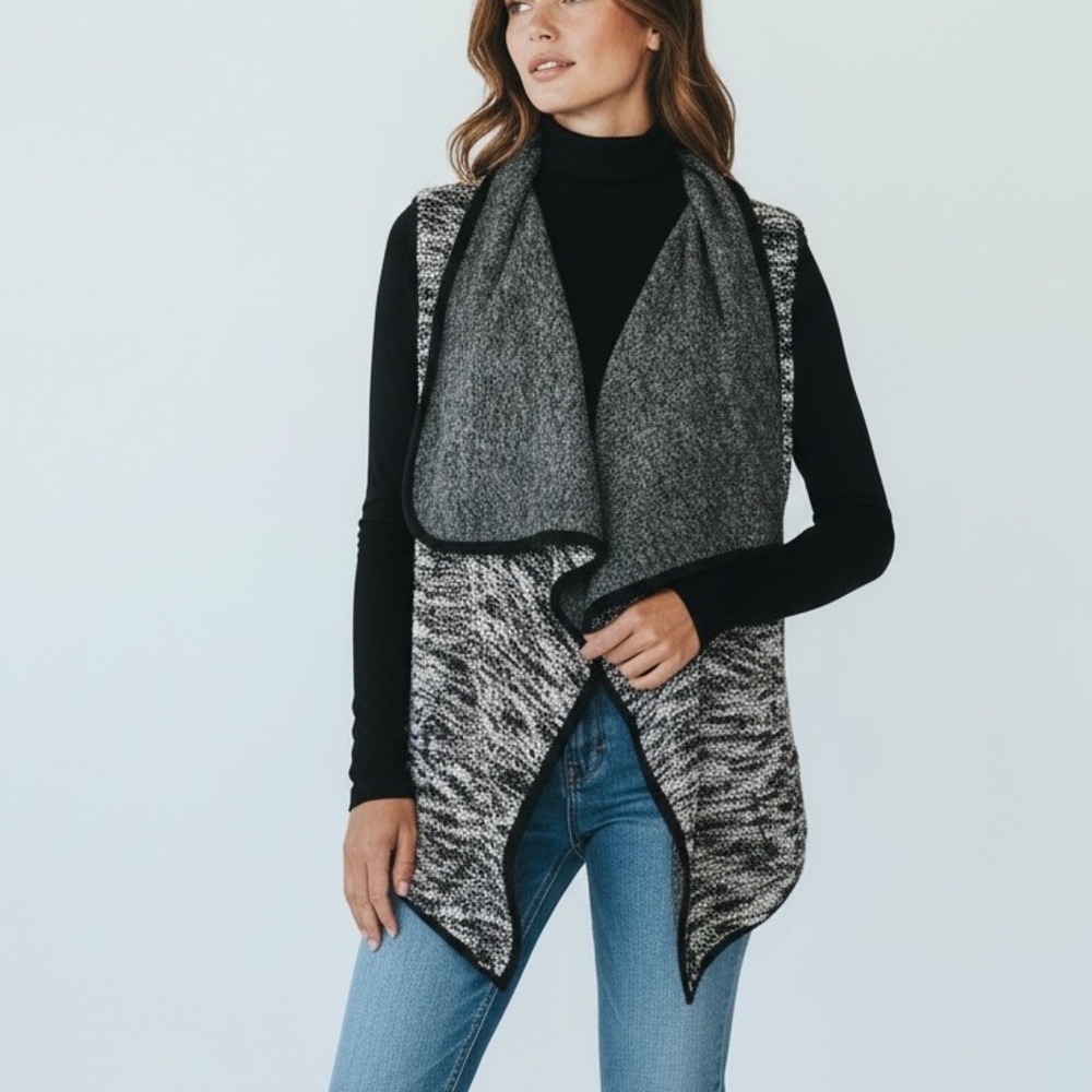Abbeline Draped Open Front Cardigan Vest Women L Black White